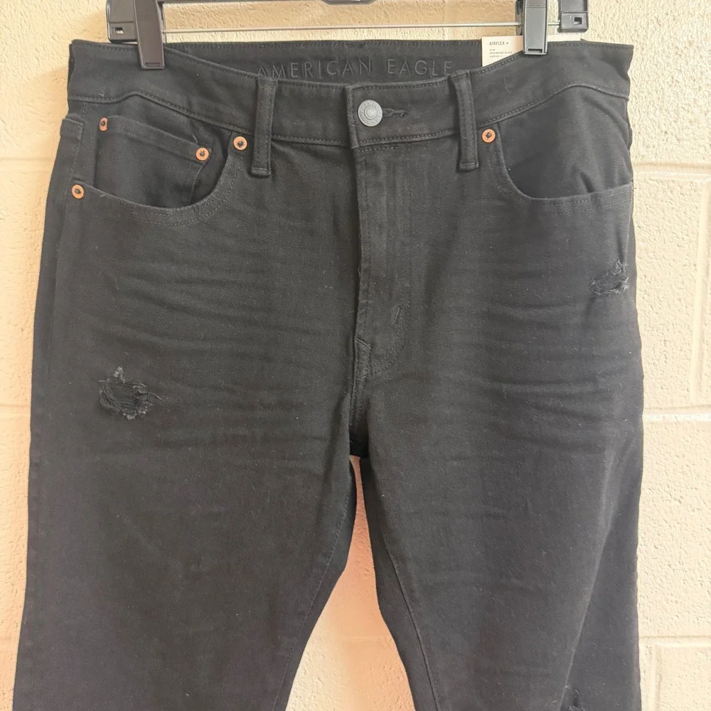 American Eagle Mens Airflex+ Slim Distressed Jeans 34/36 Black Ripped Streetwear